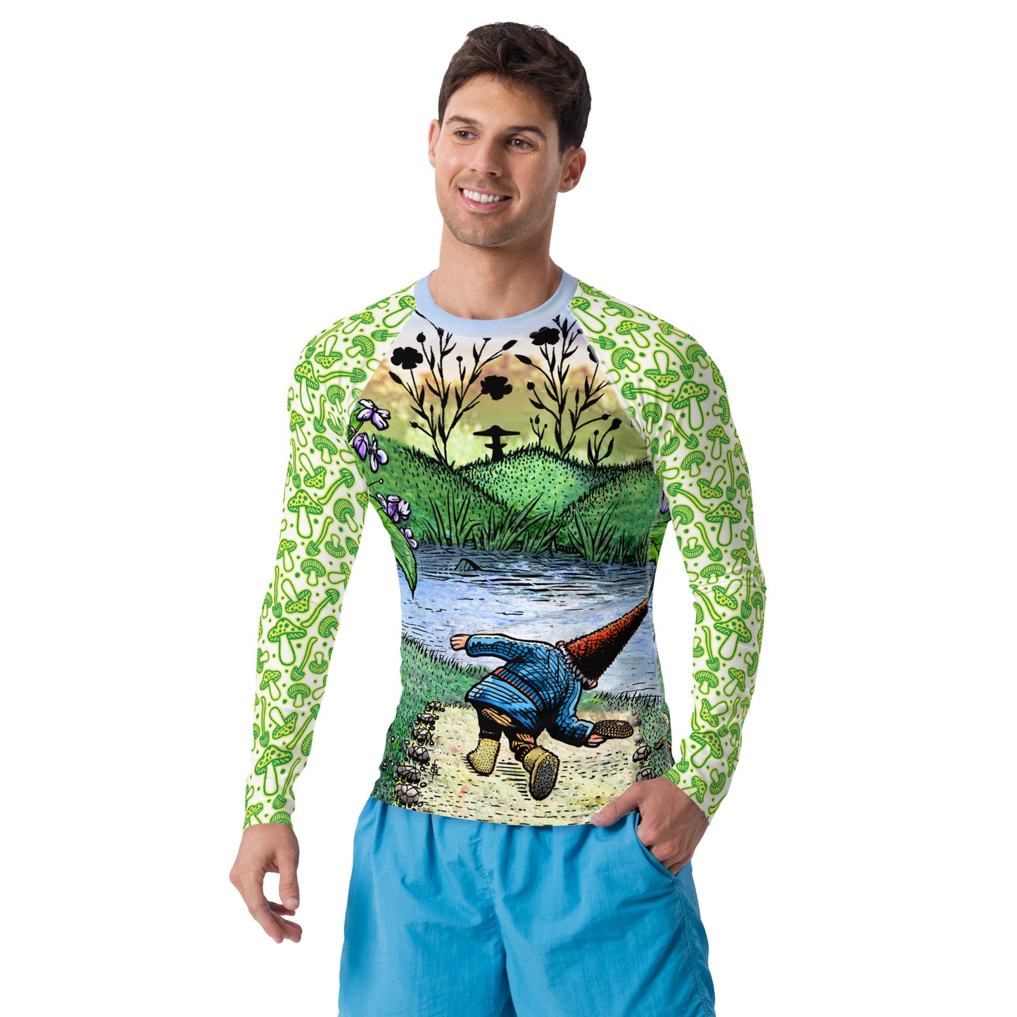 SkeetDesigns | GnomeDriven | Men's All Over Print Rash Guard | River Flick | Disc Golf Apparel