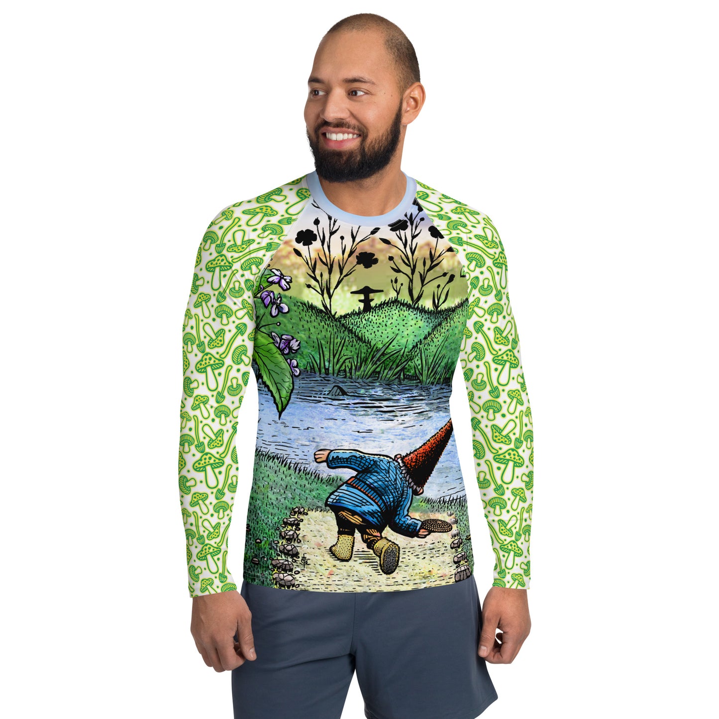 SkeetDesigns | GnomeDriven | Men's All Over Print Rash Guard | River Flick | Disc Golf Apparel