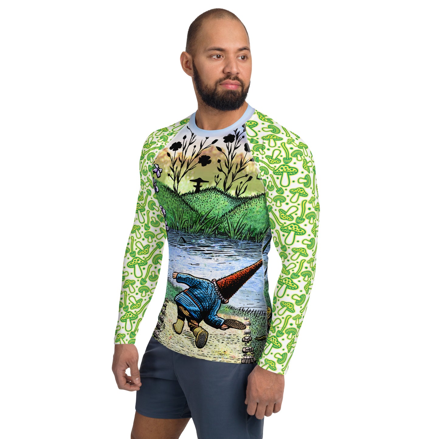 SkeetDesigns | GnomeDriven | Men's All Over Print Rash Guard | River Flick | Disc Golf Apparel