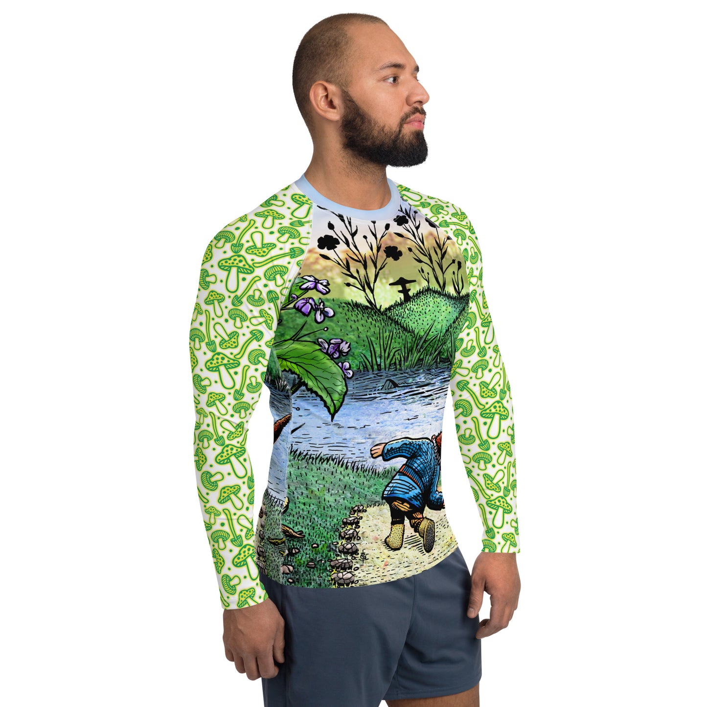 SkeetDesigns | GnomeDriven | Men's All Over Print Rash Guard | River Flick | Disc Golf Apparel