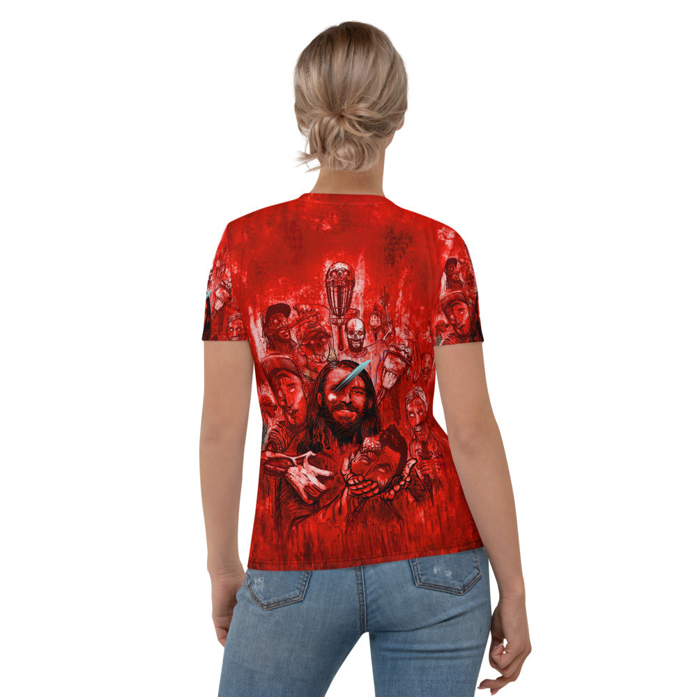SkeetDesigns | Women's All Over Print Crew Neck T-Shirt | Halloween Zombies - Red | Disc Golf Apparel