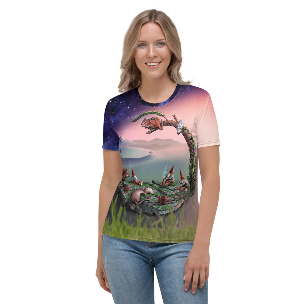 SkeetDesigns | Women's All Over Print Crew Neck T-Shirt | Mid-Round Break | Disc Golf Apparel