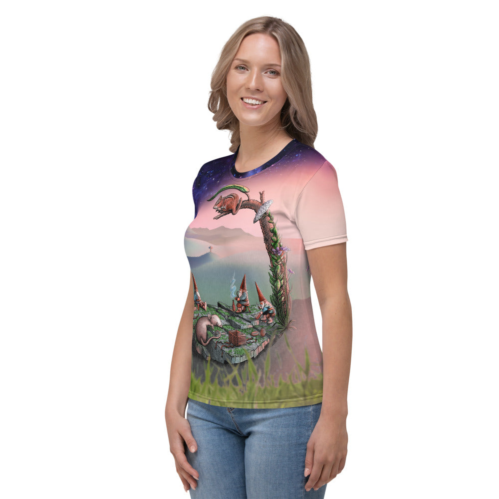 SkeetDesigns | Women's All Over Print Crew Neck T-Shirt | Mid-Round Break | Disc Golf Apparel