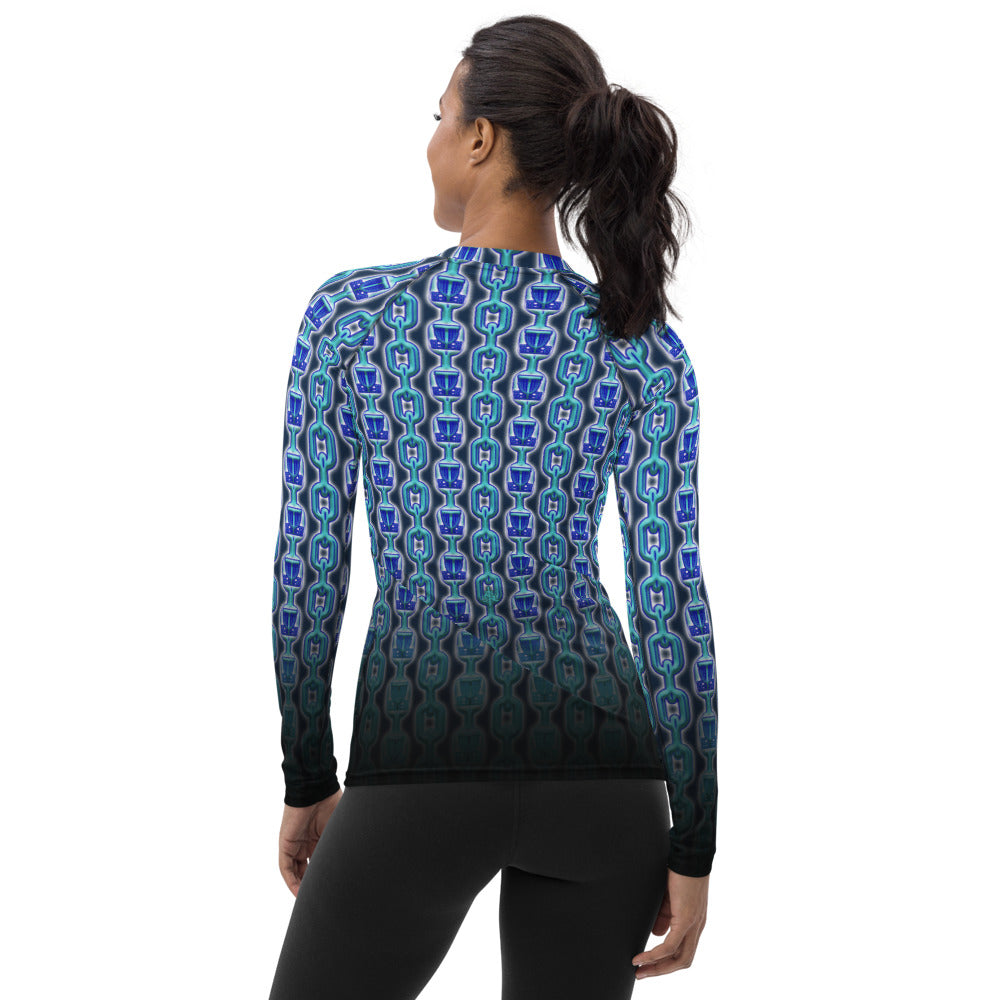 SkeetDesigns | Women's All Over Print Rash Guard | Blue Chains | Disc Golf Apparel