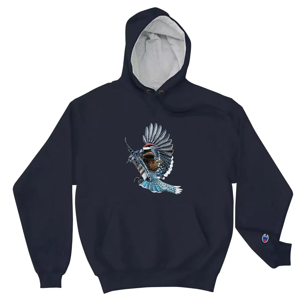 SkeetDesigns | GnomeDriven | Men's Champion® Hoodie | Blue Jay Rider | Disc Golf Apparel