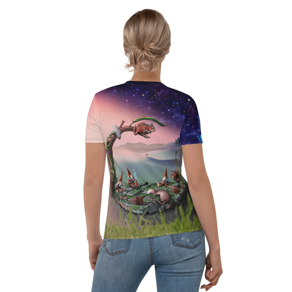 SkeetDesigns | Women's All Over Print Crew Neck T-Shirt | Mid-Round Break | Disc Golf Apparel