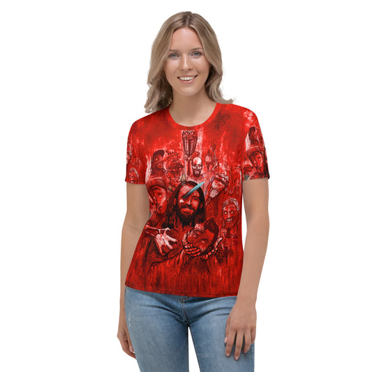 SkeetDesigns | Women's All Over Print Crew Neck T-Shirt | Halloween Zombies - Red | Disc Golf Apparel