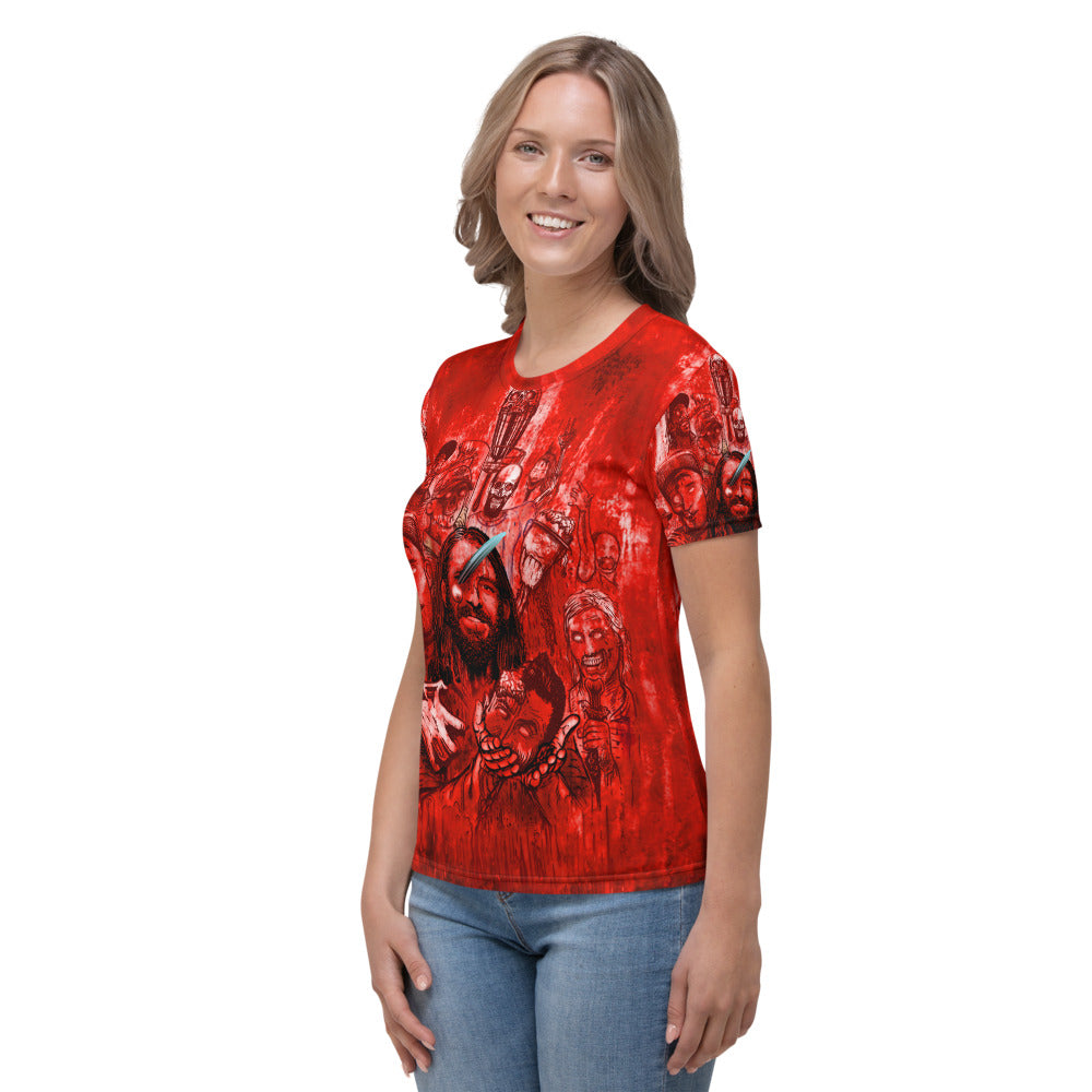 SkeetDesigns | Women's All Over Print Crew Neck T-Shirt | Halloween Zombies - Red | Disc Golf Apparel