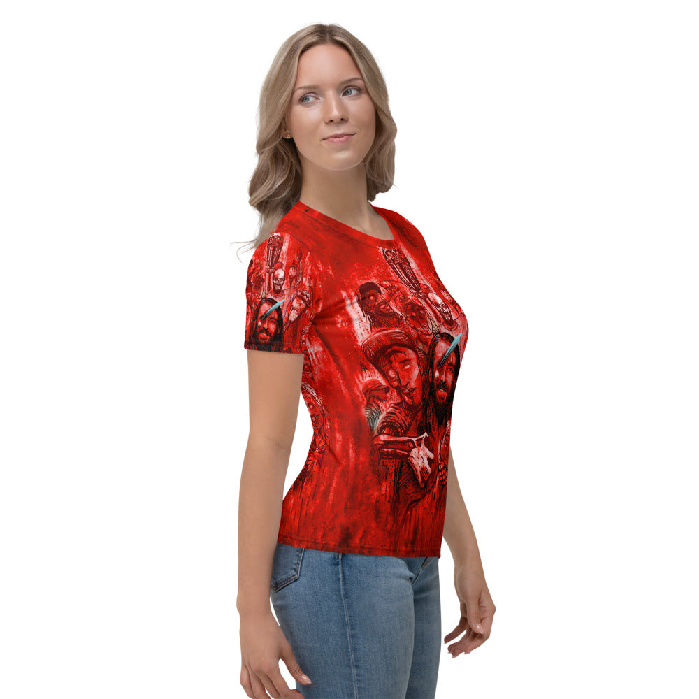 SkeetDesigns | Women's All Over Print Crew Neck T-Shirt | Halloween Zombies - Red | Disc Golf Apparel