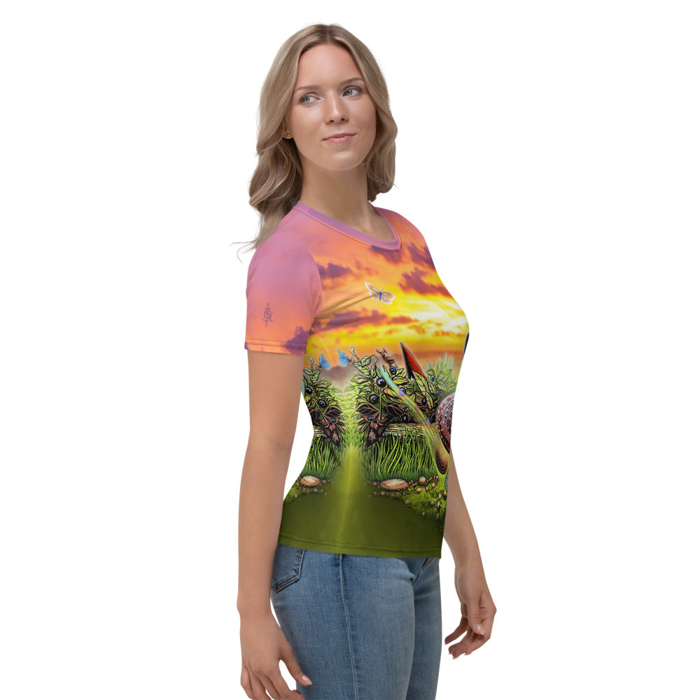 SkeetDesigns | GnomeDriven | Women's All Over Print Crew Neck T-Shirt | Blind Flick Run | Disc Golf Apparel
